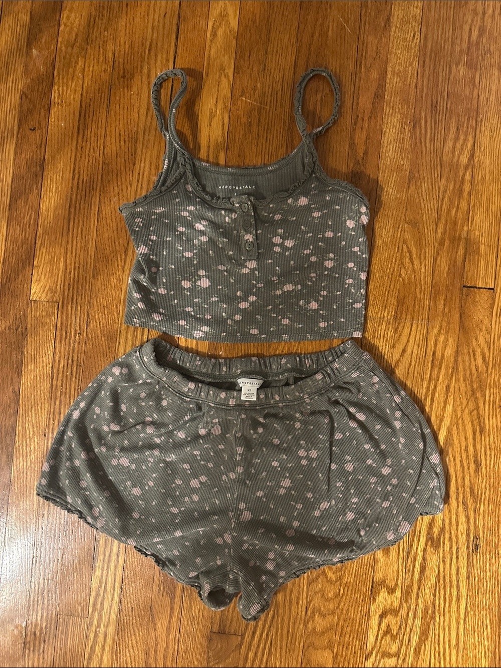 Aeropostale Olive Green Ribbed Cami & Shorts Pajama Set with Pink Floral Dots